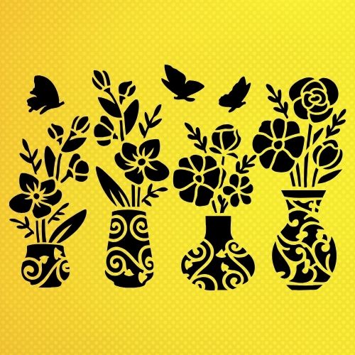 Çiçek ve Vazo Desenleri Stencil Şablon