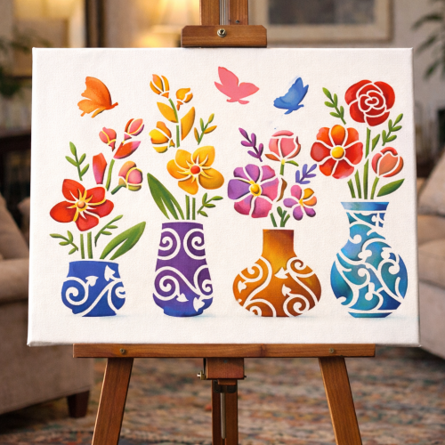 Çiçek ve Vazo Desenleri Stencil Şablon