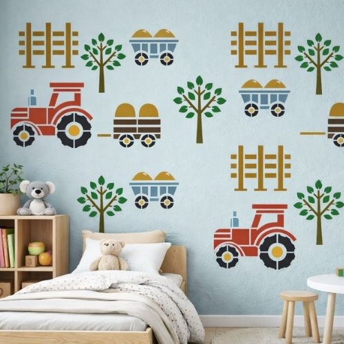 Traktör Römorku ve Ağaç Stencil Şablon