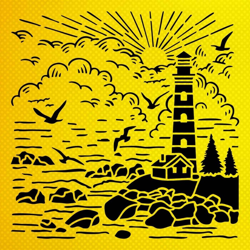 Deniz Feneri Güneş Bulut ve Kuş Stencil Şablon Deniz Feneri Güneş Bulut ve Kuş Stencil Şablon