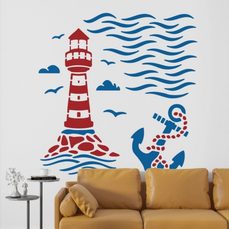 Deniz Feneri Bulut Martı ve Çapa Stencil Şablon Deniz Feneri Bulut Martı ve Çapa Stencil Şablon