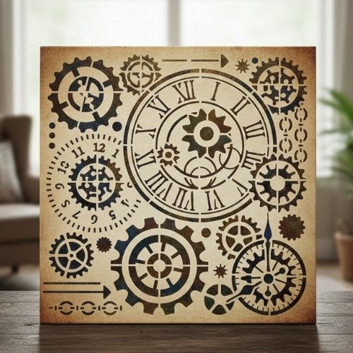 Saat ve Dişli Deseni Stencil Şablon