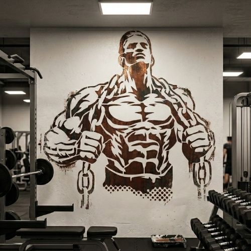 Güçlü Adam Zincirli Stencil | Fitness ve GYM Motivasyon Duvar Şablonu