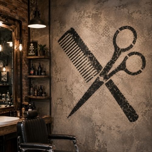 Kuaför Tarak ve Makas Desenleri Stencil Şablon