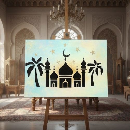 Cami ve Palmiye İslami Desen Stencil Şablon