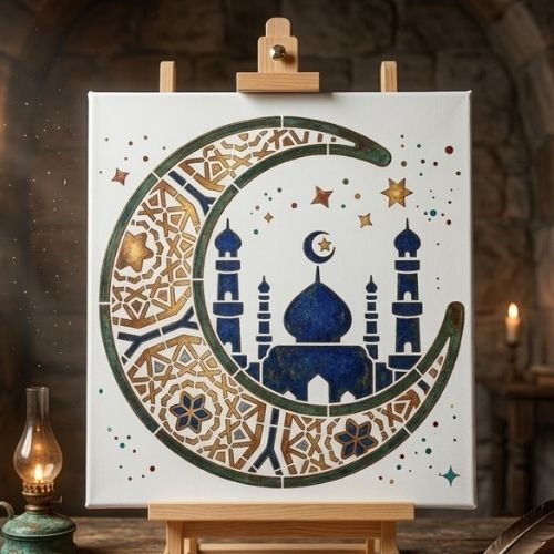 Ramazan Temalı Modern Hilal ve Cami Motifli Stencil Şablon