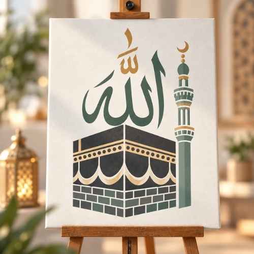 Kabe ve Allah Yazısı Stencil Şablon | İslami Boyama Şablonu