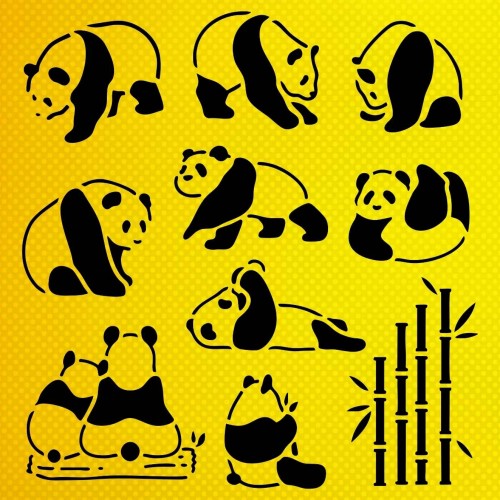 Panda ve Bambu Deseni Stencil Şablon