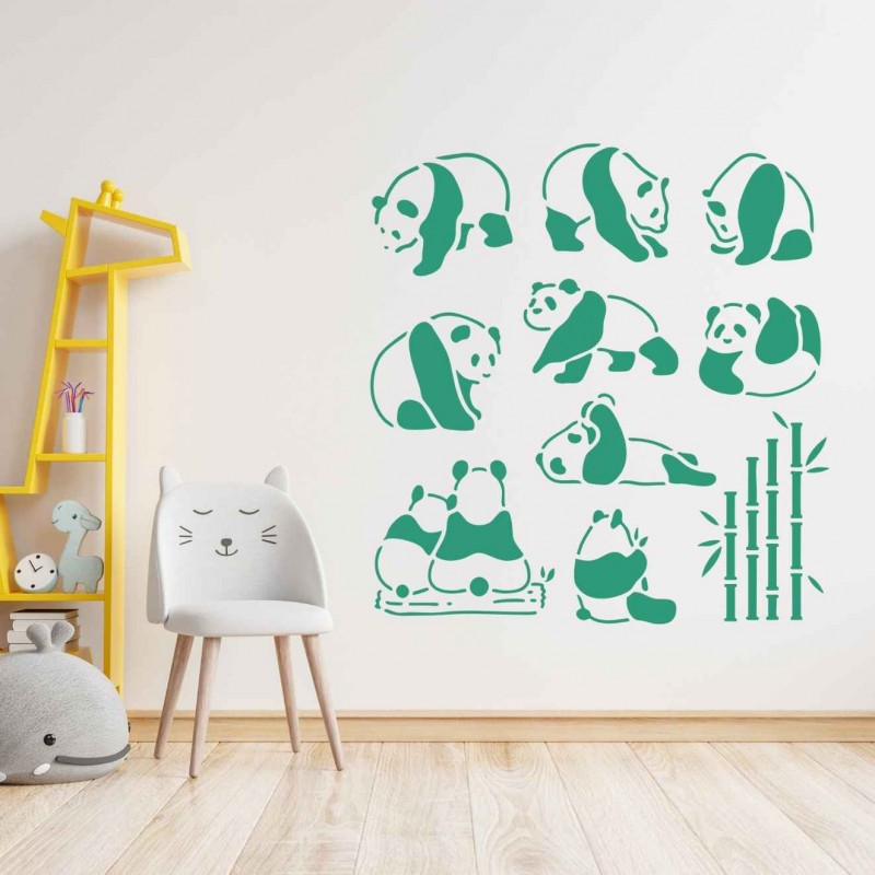 Panda ve Bambu Deseni Stencil Şablon Panda ve Bambu Deseni Stencil Şablon