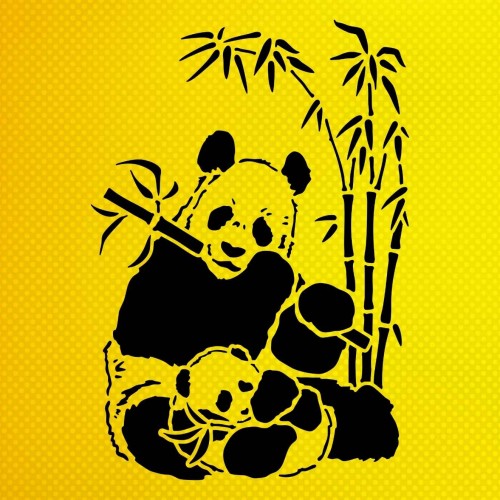 Bambu Ağacı ve Panda Deseni Stencil Şablon