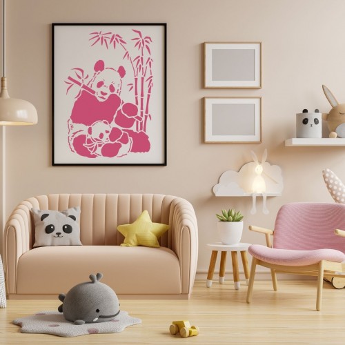 Bambu Ağacı ve Panda Deseni Stencil Şablon