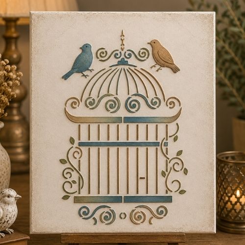 Kafes ve Kuş Dekoratif Stencil Şablon