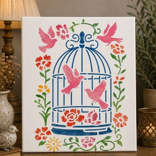 Kuşlar Kafes ve Çiçek Desenleri Stencil Şablon