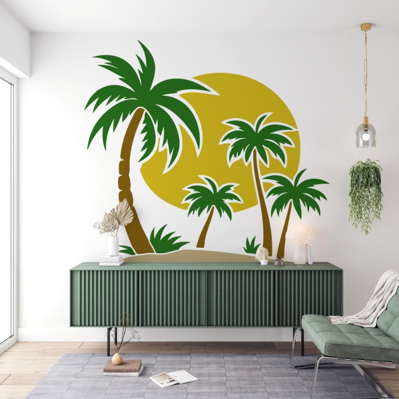 Hindistan Cevizi Ağacı Güneş ve Kumsal Stencil Şablon 