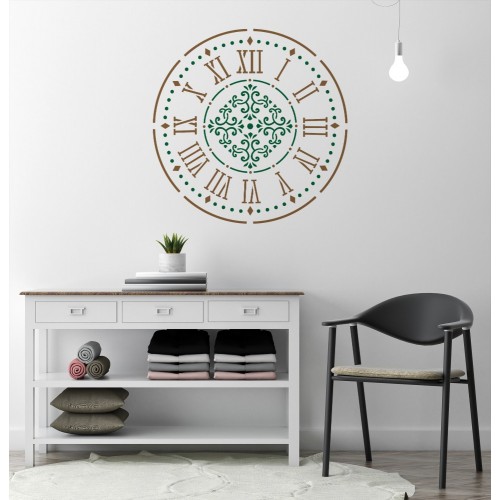 Roma Rakamı ve Damask Desen Saat Stencil Şablon
