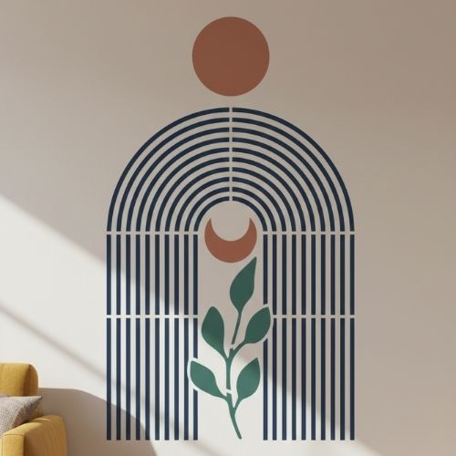 Güneş Ay ve Yaprak Soyut Desen Stencil Şablon