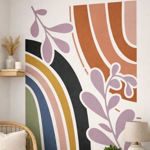 Yaprak ve Gökkuşağı Soyut Desen Stencil Şablon