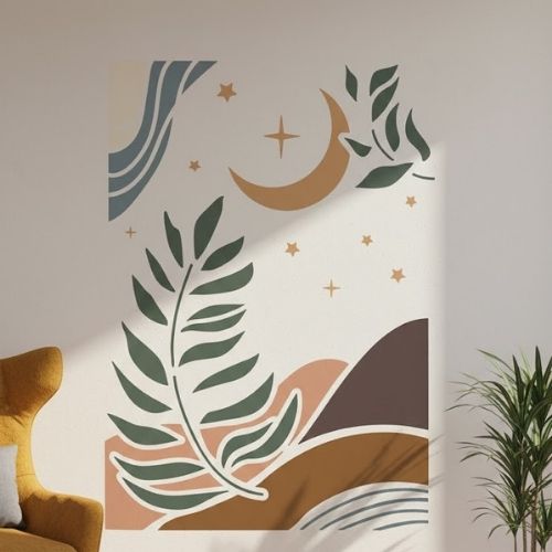 Boho Yaprak Ay ve Yıldız Stencil Şablon