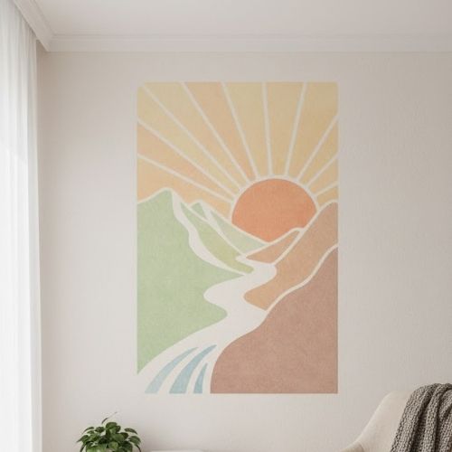 Güneş ve Dağ Manzara Soyut Desen Stencil Şablon