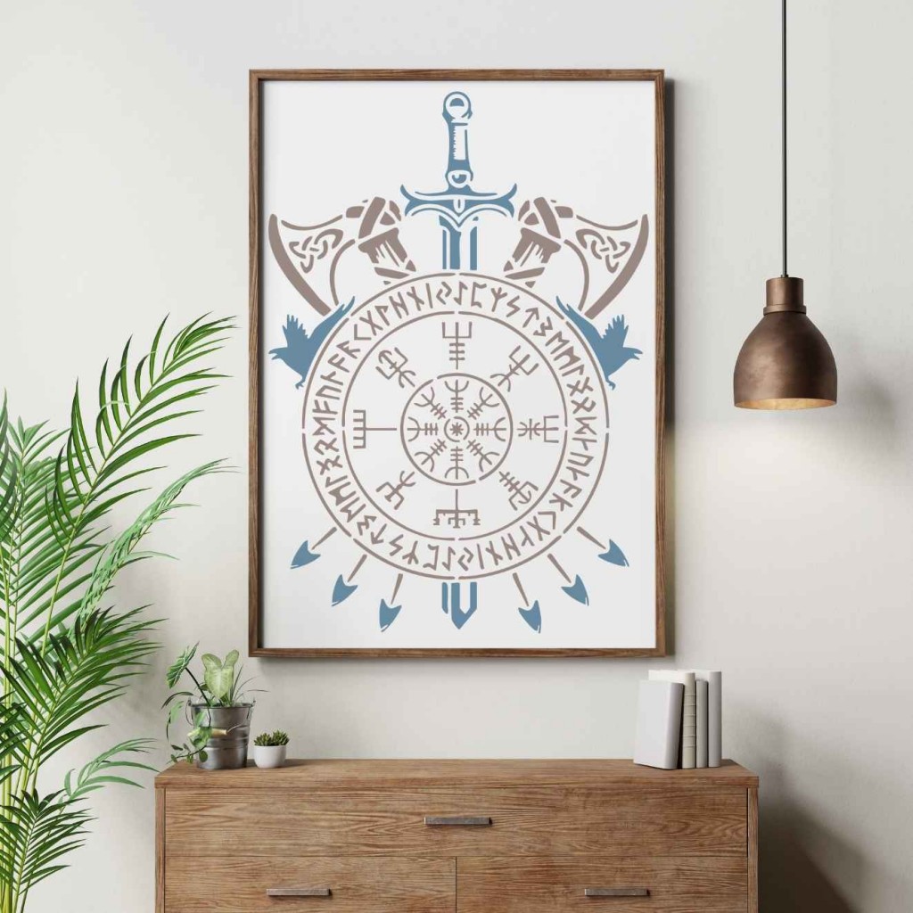 Viking Vegvisir Balta Kılıç ve Ok Stencil Şablon