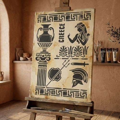 Antik Yunan Motifleri Stencil Şablon - Çoklu Tasarım