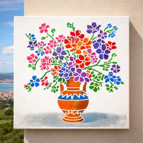 Çiçek ve Vazo Deseni Stencil Şablon