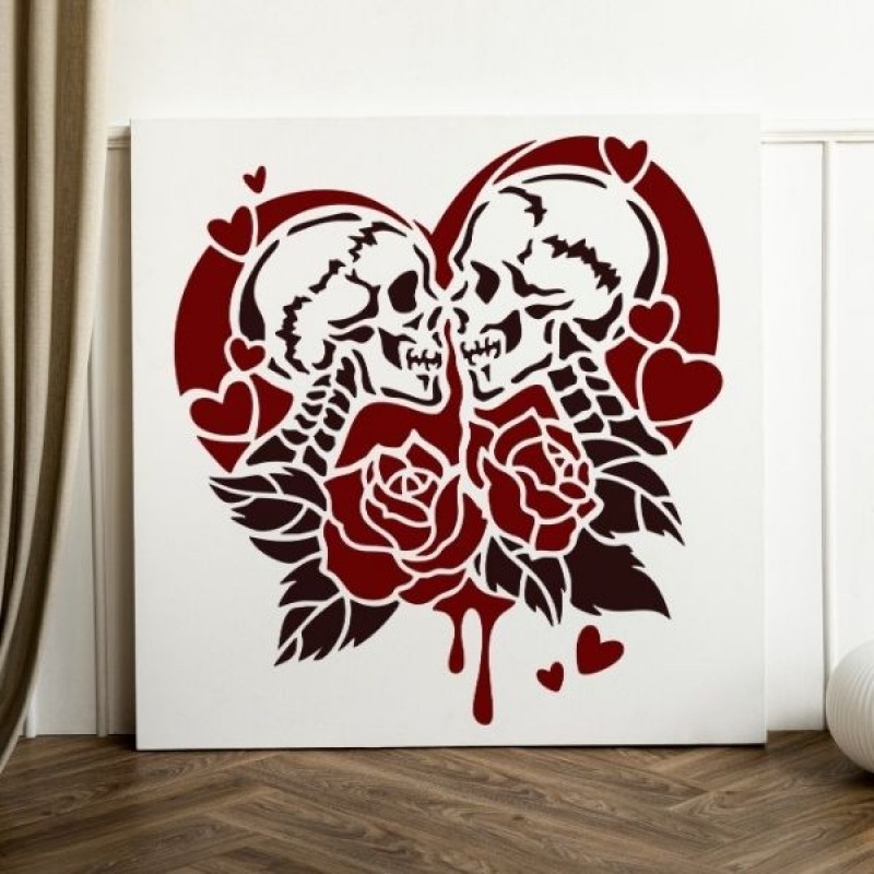 İskelet Aşk ve Gül Stencil Şablon