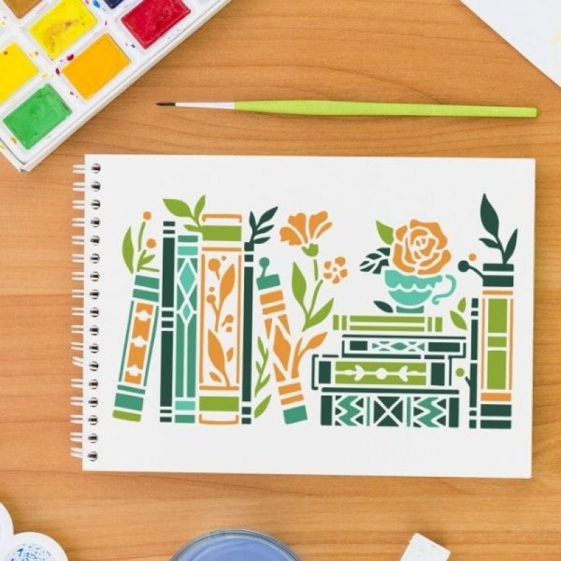Kitap ve Çiçek Deseni Stencil Şablon