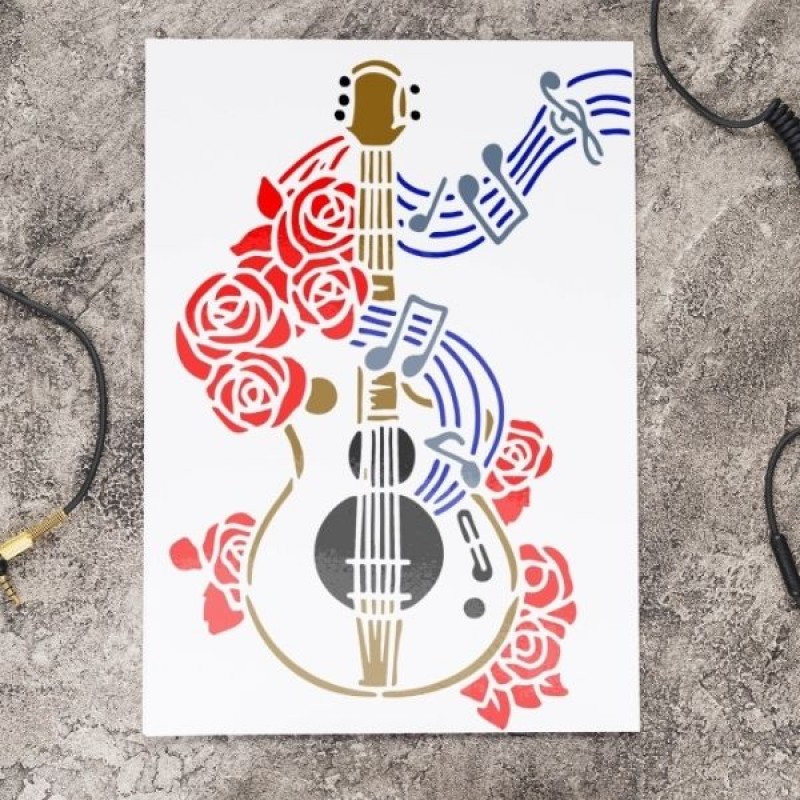 Müzik Nota Gül ve Gitar Stencil Şablon