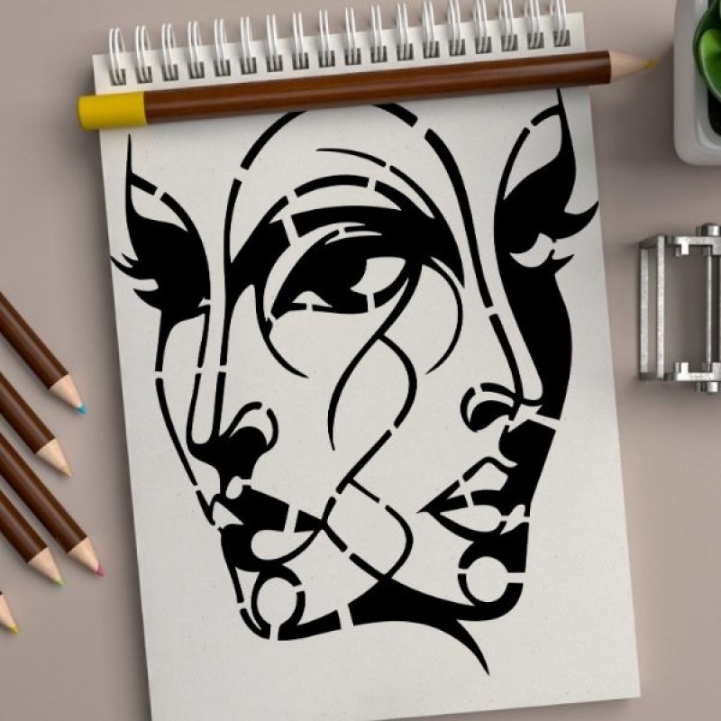 İkili Soyut Yüz Deseni Stencil Şablon