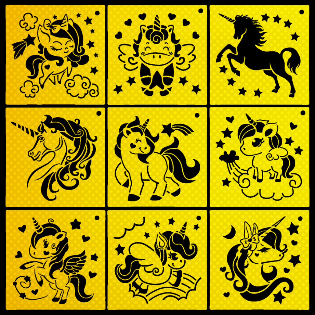 Unicorn 9 parça mini stencil boyama şablonu